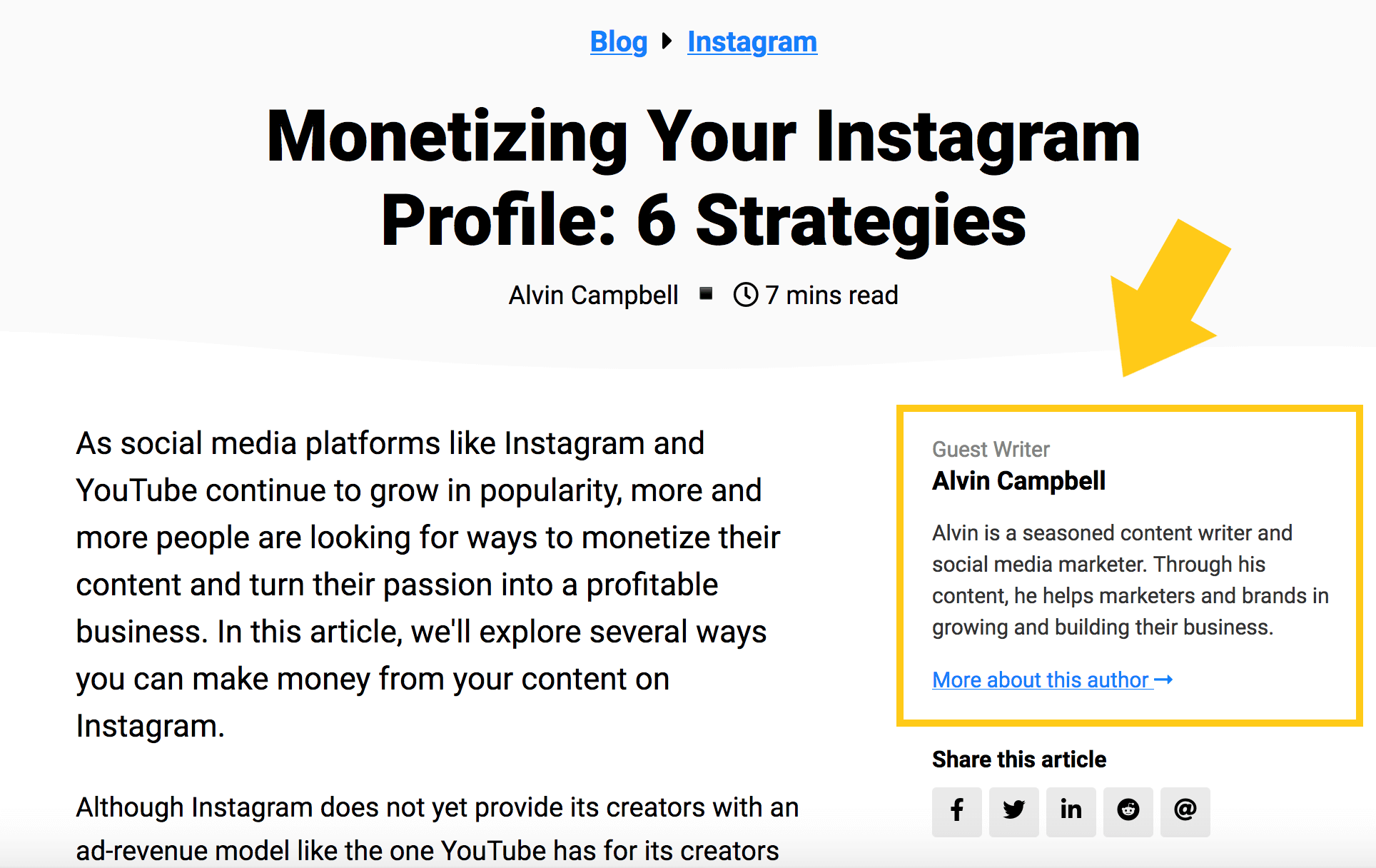 How an author is featured on a post on the SocialPlus blog