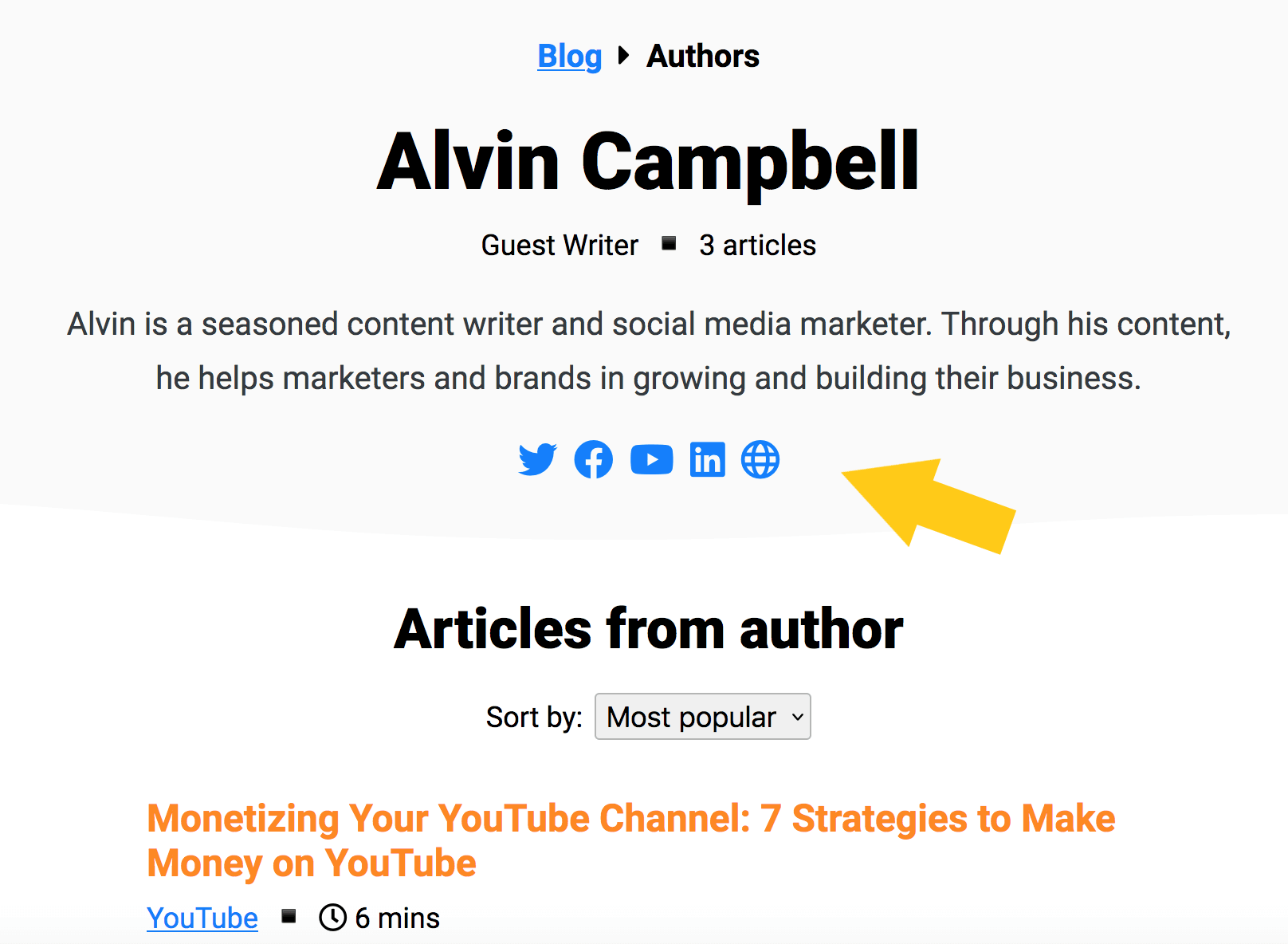 How an author page looks on the SocialPlus blog